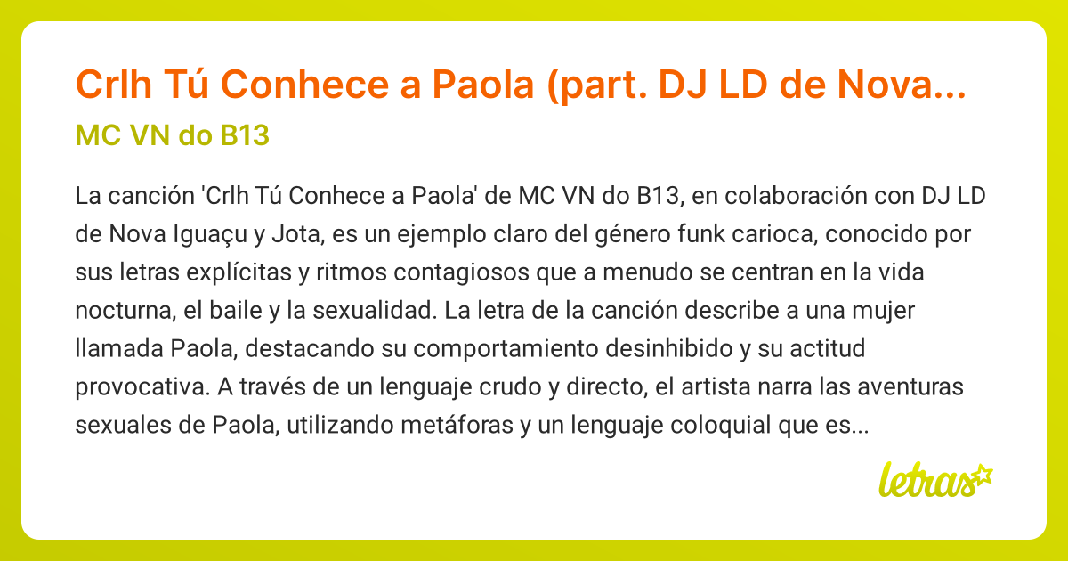 Significado de la canción Crlh Tú Conhece a Paola (part. DJ LD de Nova ...