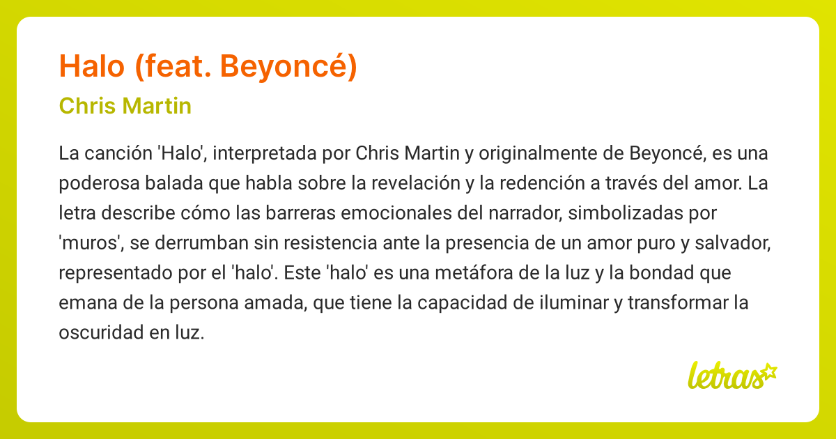 Significado de la canción HALO (FEAT. BEYONCÉ) (Chris Martin) - LETRAS.COM