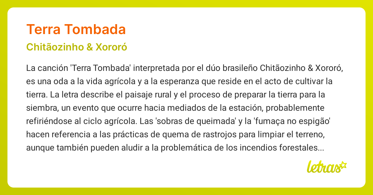 Significado de la canción TERRA TOMBADA (Chitãozinho & Xororó) - LETRAS.COM