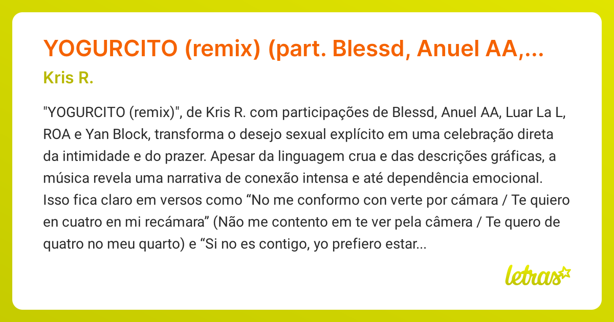 Significado da música YOGURCITO (remix) (part. Blessd, Anuel AA, Luar ...