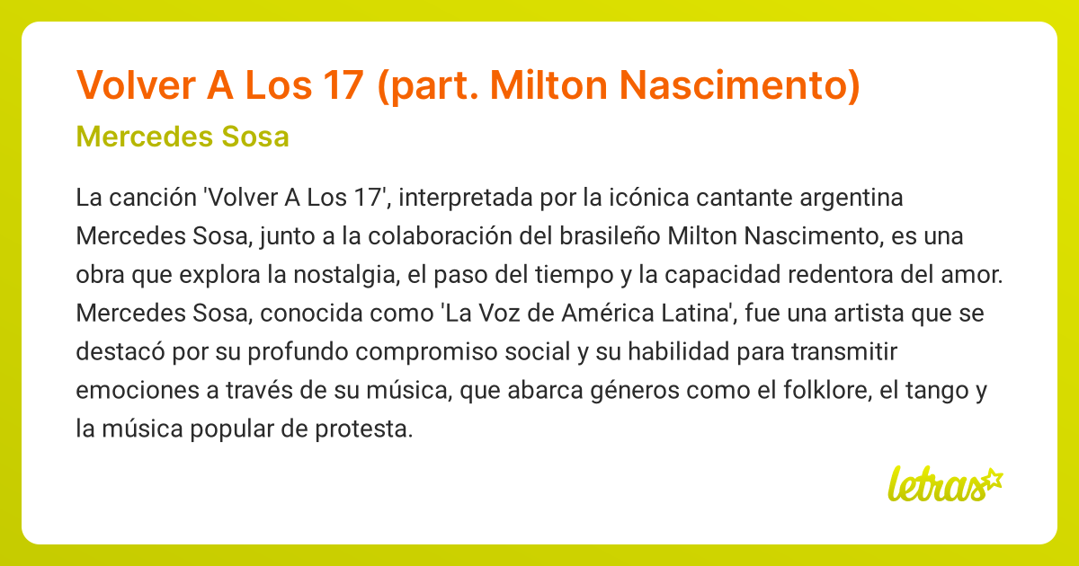 Significado de la canción Volver A Los 17 (part. Milton Nascimento ...