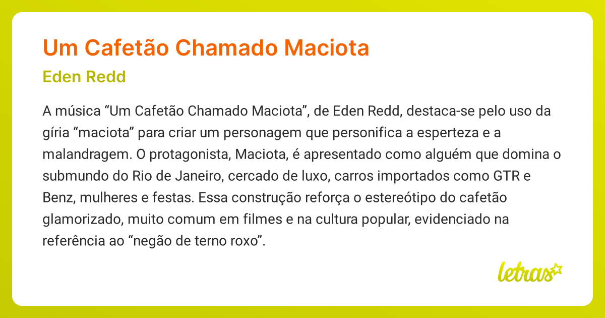 Significado da música UM CAFETÃO CHAMADO MACIOTA (Eden Redd) - LETRAS ...