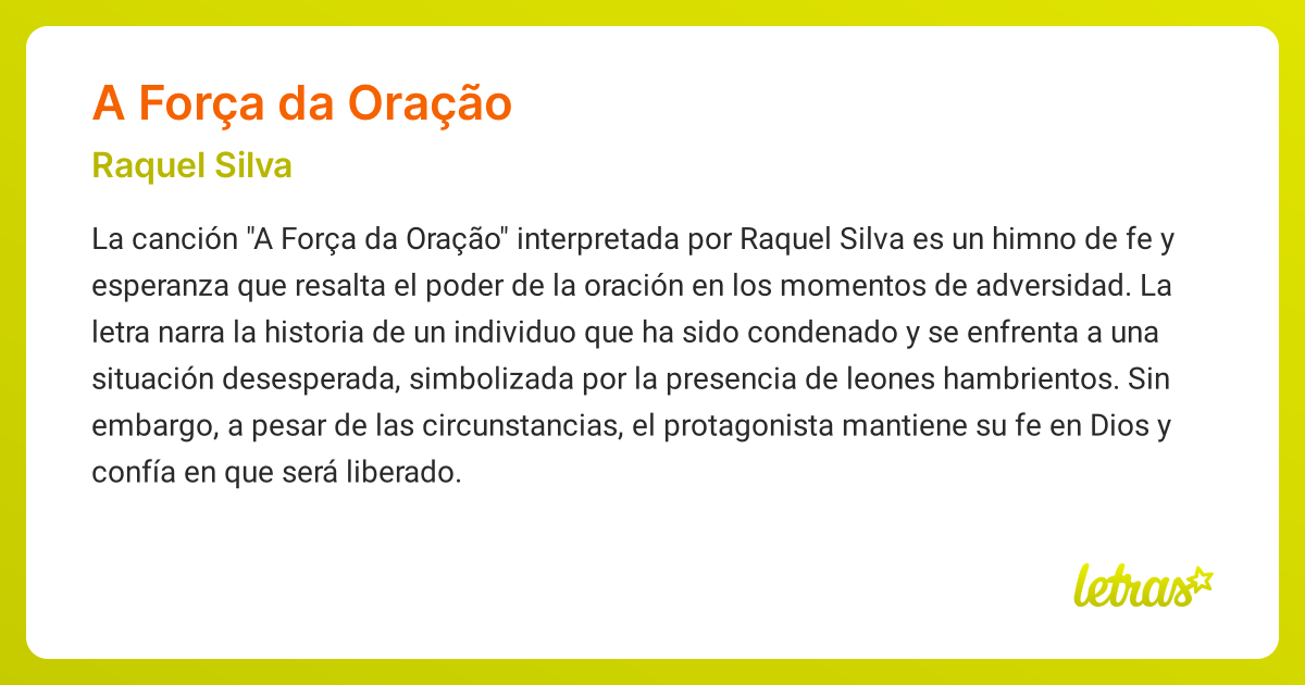 Significado de la canción A FORÇA DA ORAÇÃO (Raquel Silva) - LETRAS.COM