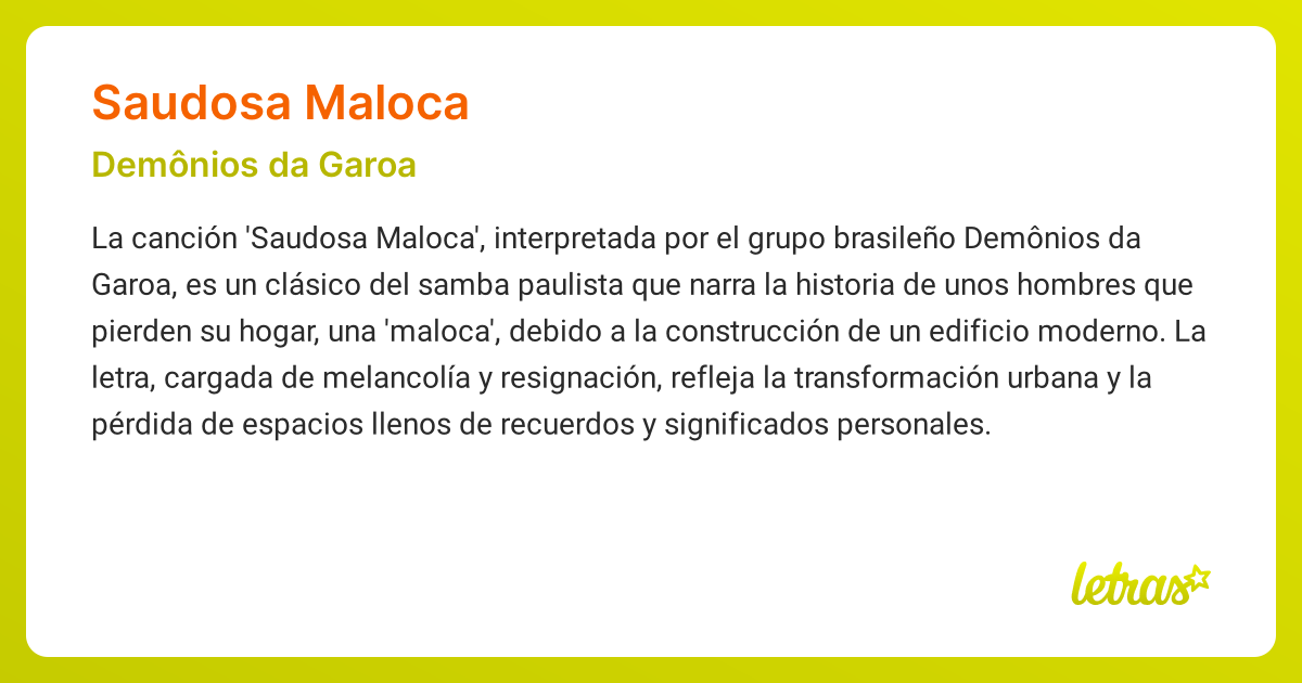 Significado de la canción SAUDOSA MALOCA (Demônios da Garoa) - LETRAS.COM
