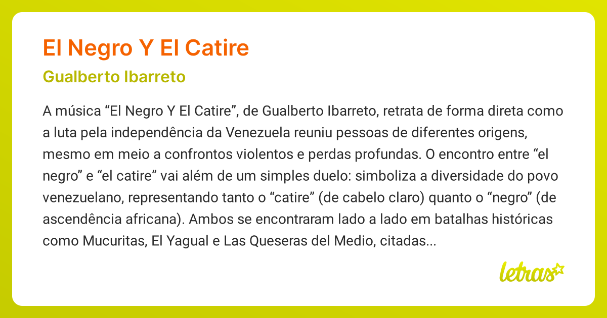 Significado da música EL NEGRO Y EL CATIRE (Gualberto Ibarreto ...