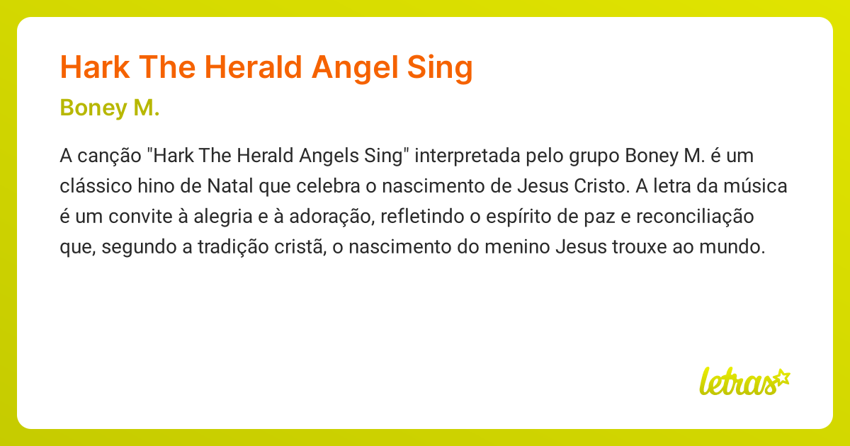 Significado da música HARK THE HERALD ANGEL SING (Boney M.) - LETRAS.MUS.BR