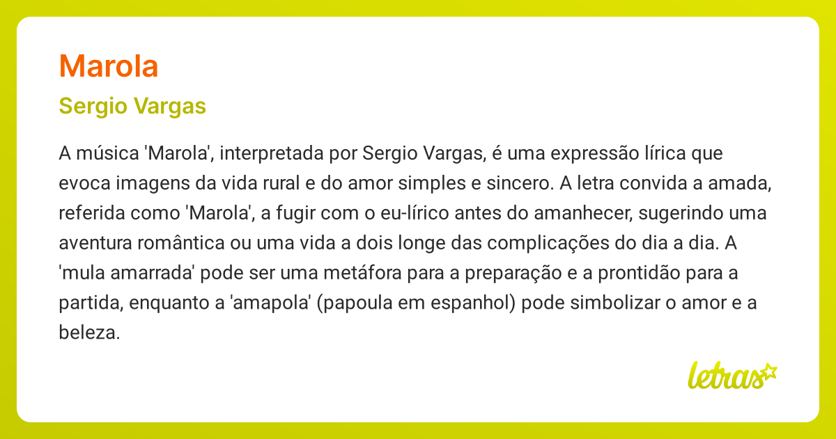 Significado da música MAROLA (Sergio Vargas) - LETRAS.MUS.BR