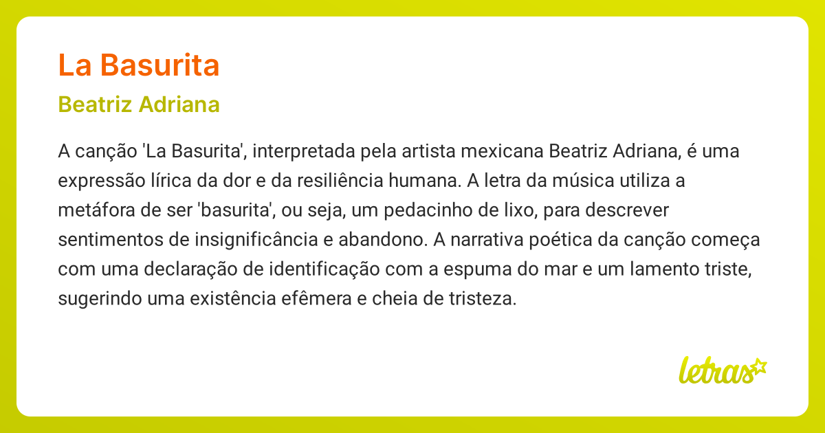 Significado da música LA BASURITA (Beatriz Adriana) - LETRAS.MUS.BR