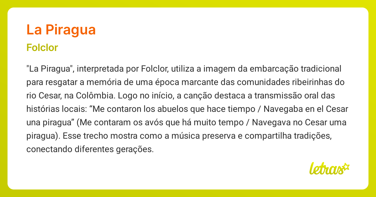 Significado da música LA PIRAGUA (Folclor) - LETRAS.MUS.BR