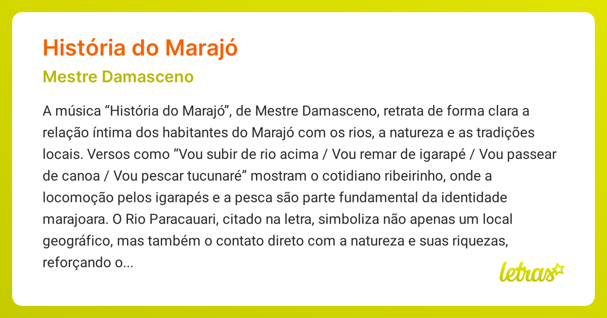 Significado da música HISTÓRIA DO MARAJÓ (Mestre Damasceno) - LETRAS.MUS.BR