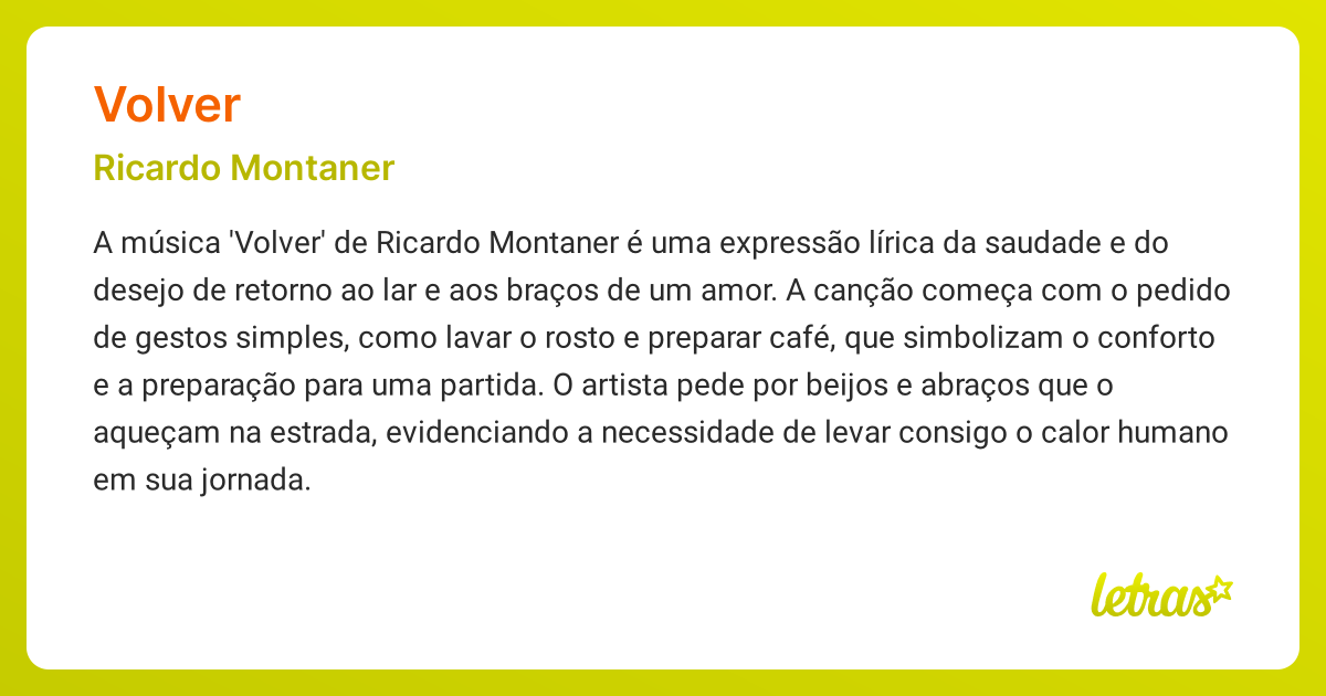 Significado da música VOLVER (Ricardo Montaner) - LETRAS.MUS.BR