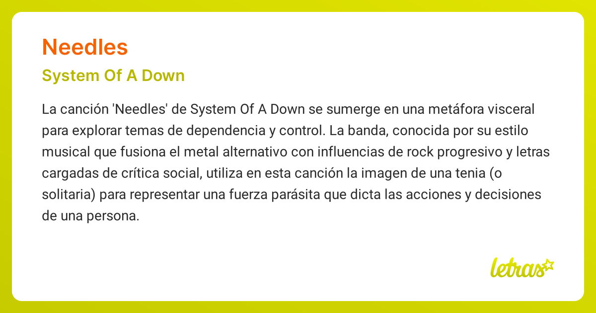 Significado de la canción NEEDLES (System Of A Down) - LETRAS.COM