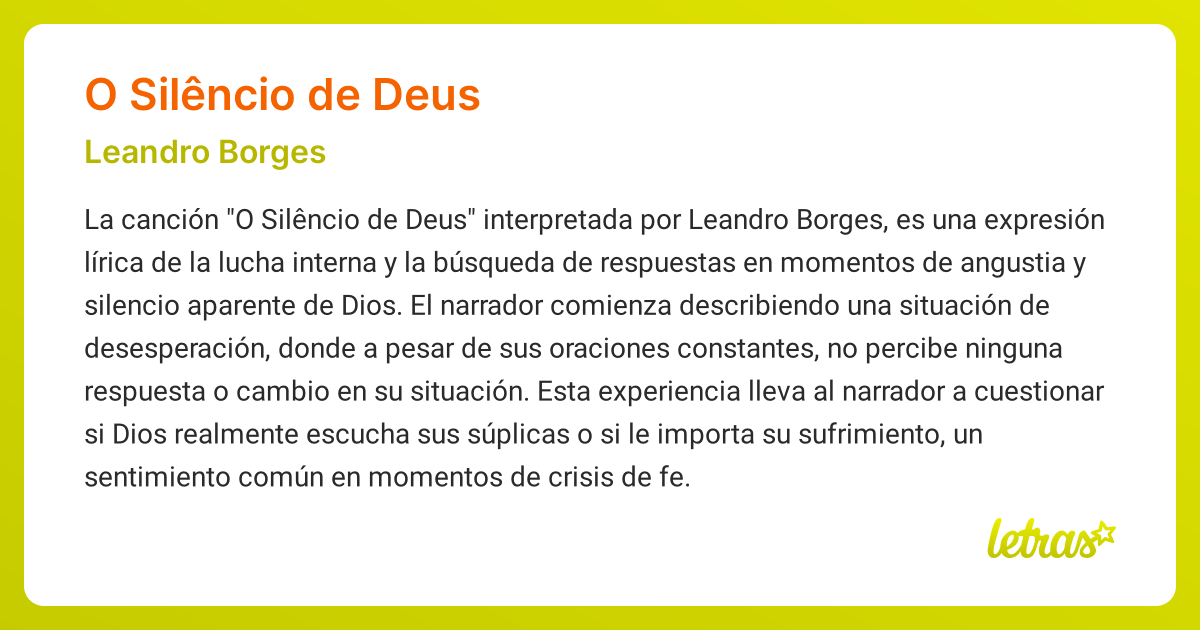 Significado de la canción O SILÊNCIO DE DEUS (Leandro Borges) - LETRAS.COM