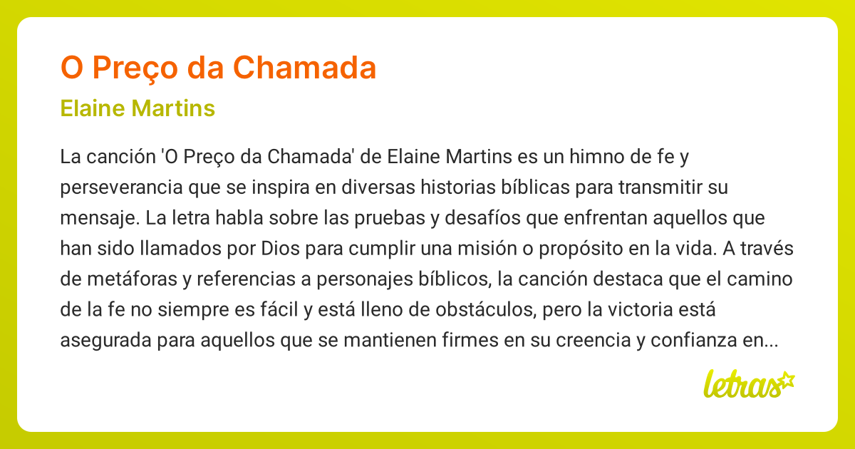 Significado de la canción O PREÇO DA CHAMADA (Elaine Martins) - LETRAS.COM