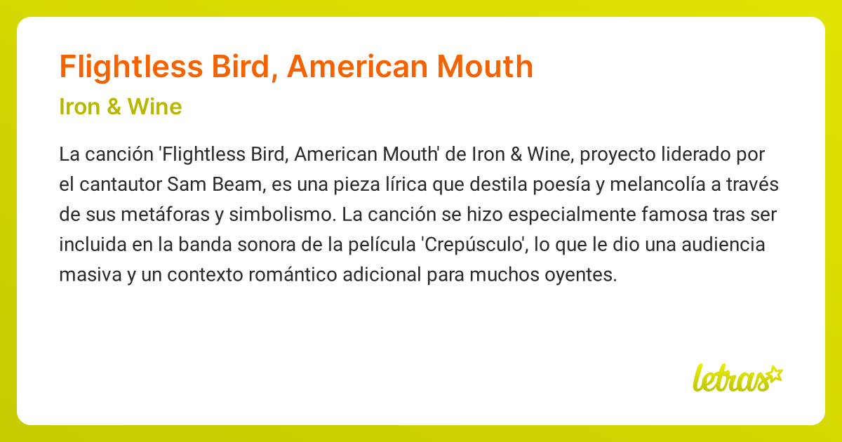Significado de la canción Flightless Bird, American Mouth (Iron & Wine