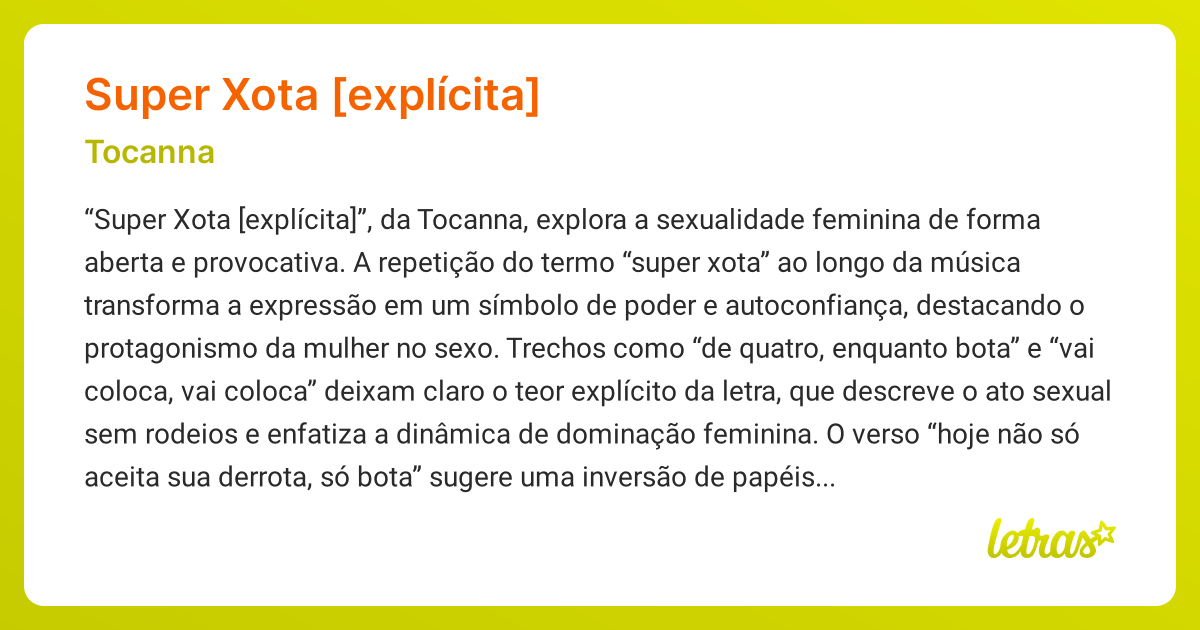 Significado da música SUPER XOTA [EXPLÍCITA] (Tocanna) - LETRAS.MUS.BR
