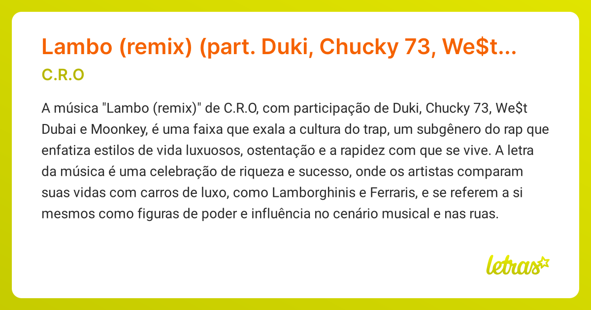 Significado da música Lambo (remix) (part. Duki, Chucky 73, We$t Dubai ...