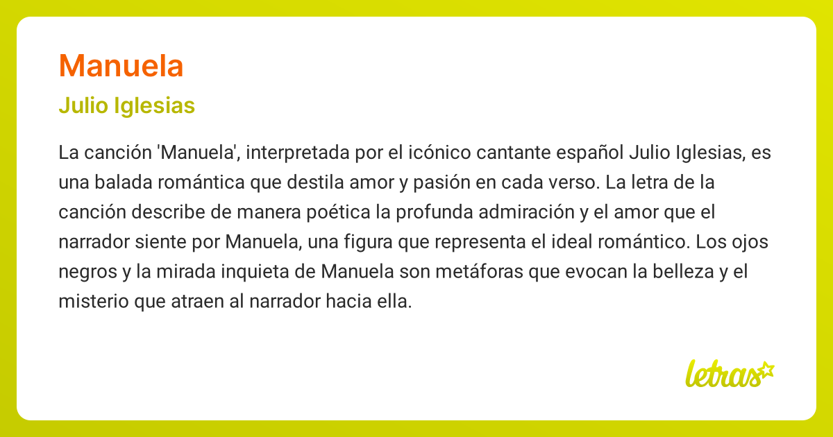 Significado de la canción MANUELA (Julio Iglesias) - LETRAS.COM