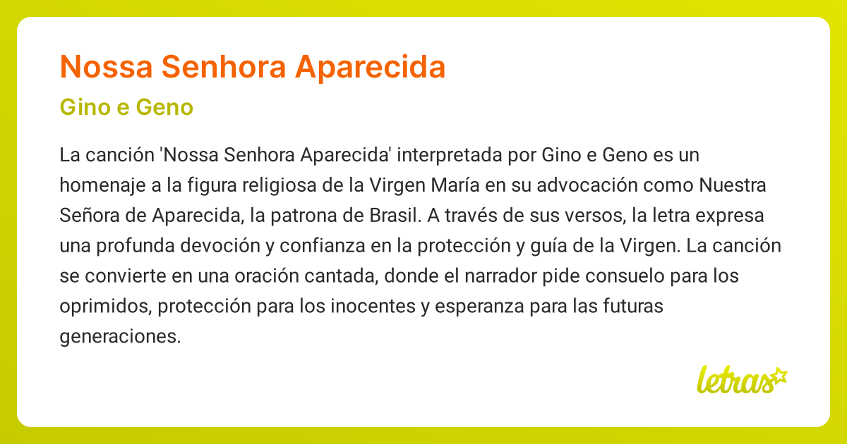 Significado de la canción NOSSA SENHORA APARECIDA (Gino e Geno ...