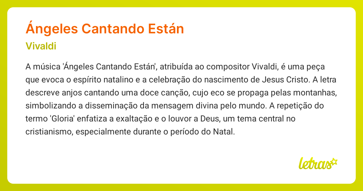 Significado da música ÁNGELES CANTANDO ESTÁN (Vivaldi) - LETRAS.MUS.BR