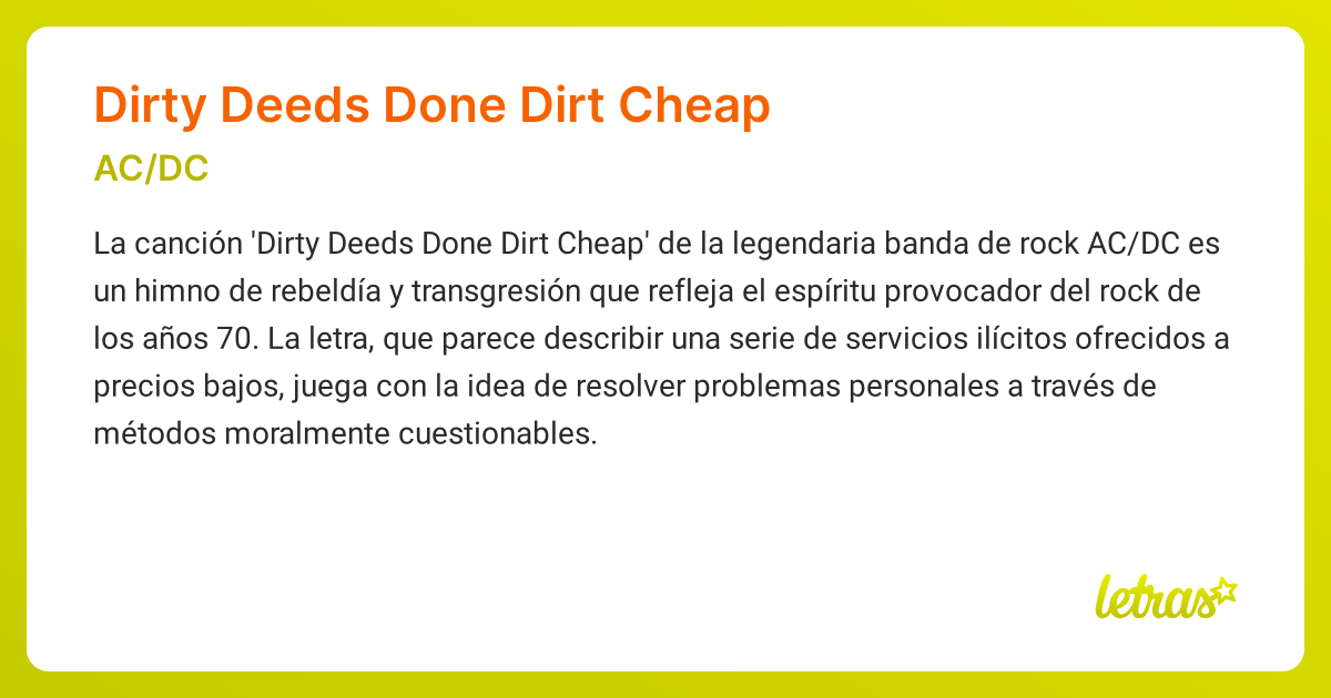 Significado de la canción DIRTY DEEDS DONE DIRT CHEAP (AC/DC) - LETRAS.COM