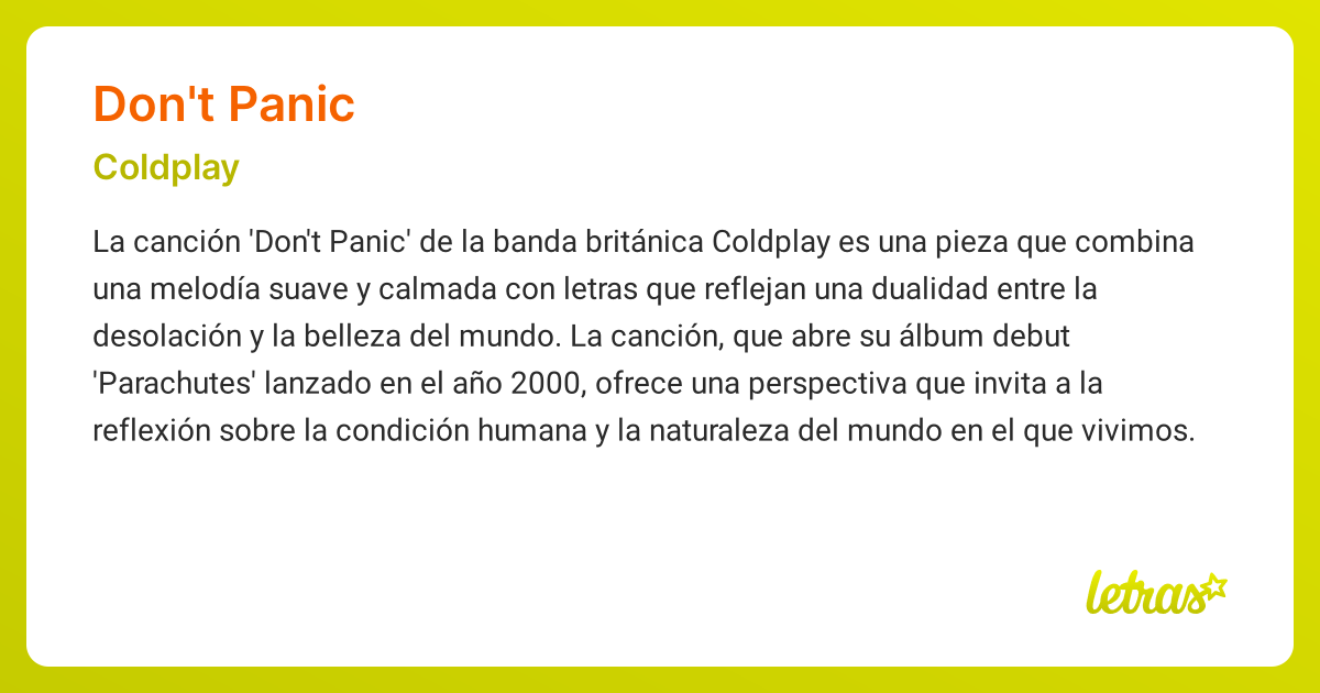 Significado de la canción DON'T PANIC (Coldplay) - LETRAS.COM
