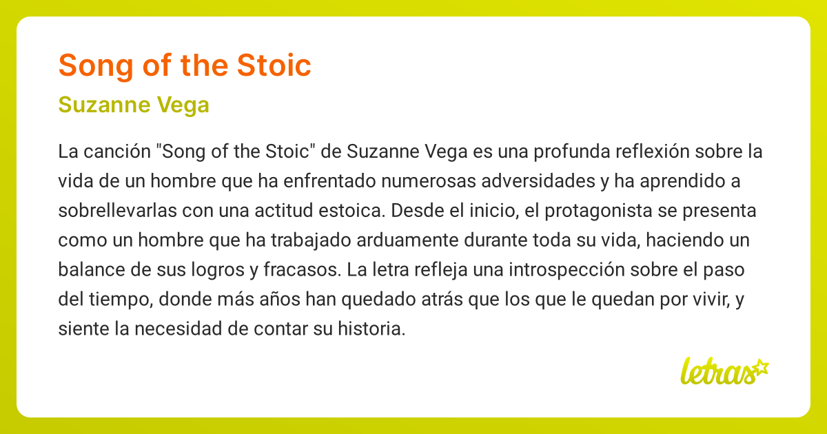 Significado de la canción SONG OF THE STOIC (Suzanne Vega) - LETRAS.COM