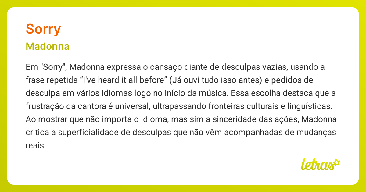 Significado da música SORRY (Madonna) - LETRAS.MUS.BR
