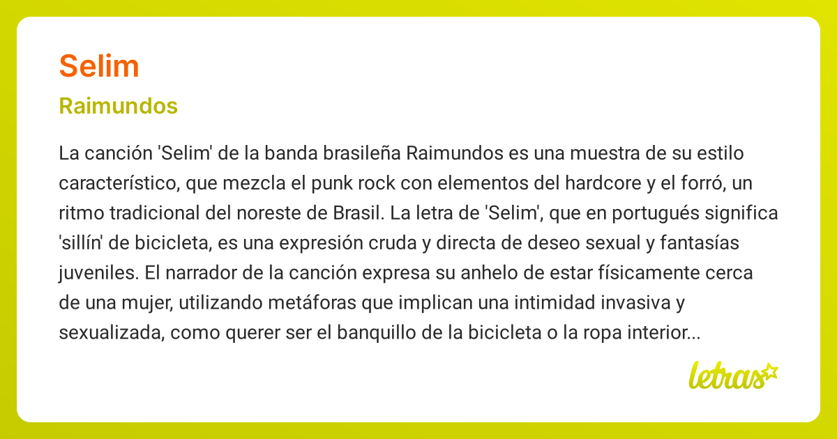 Significado de la canción SELIM (Raimundos) - LETRAS.COM
