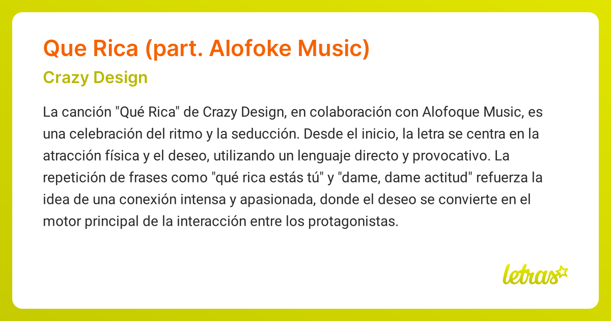 Significado de la canción QUE RICA (PART. ALOFOKE MUSIC) (Crazy Design ...