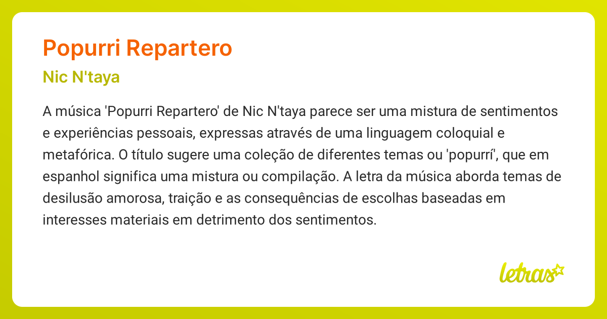 Significado da música POPURRI REPARTERO (Nic N'taya) - LETRAS.MUS.BR