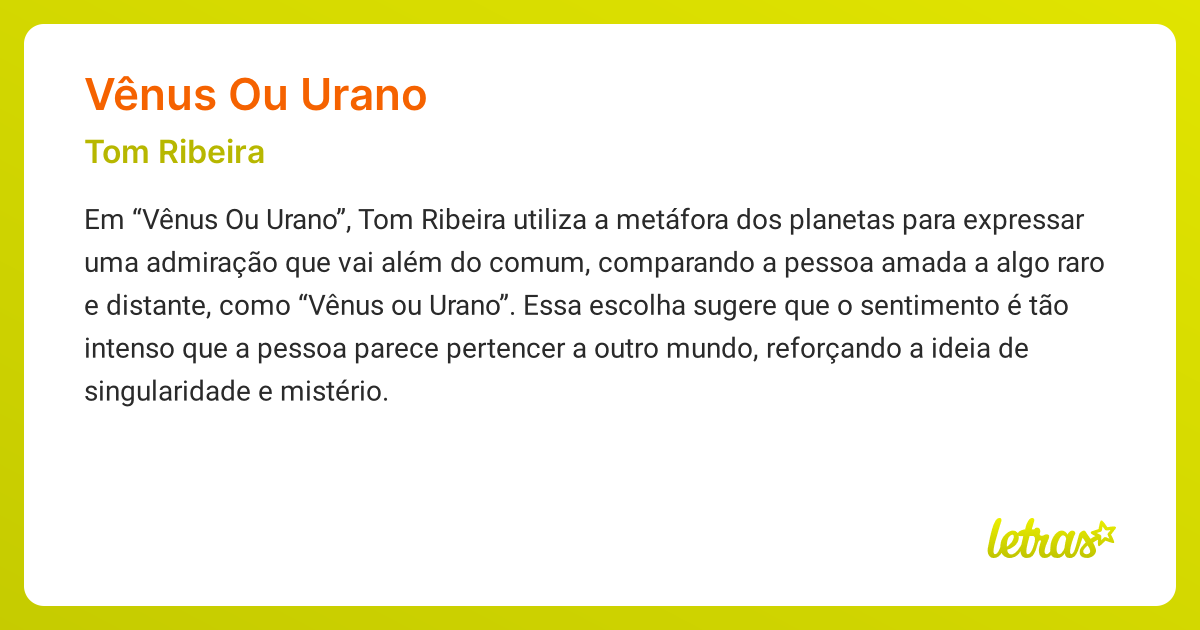 Significado da música VÊNUS OU URANO (Tom Ribeira) - LETRAS.MUS.BR