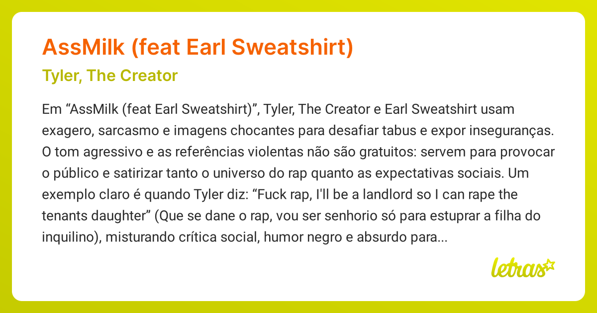 Significado da música ASSMILK (FEAT EARL SWEATSHIRT) (Tyler, The ...