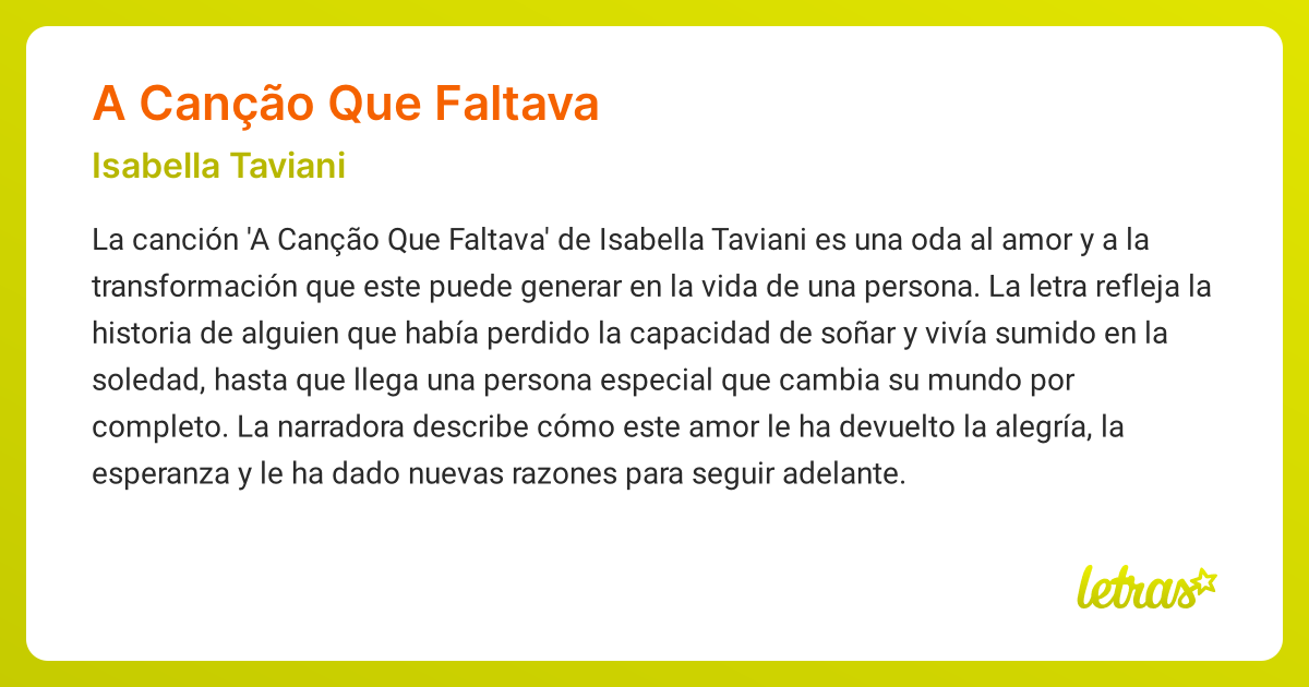 Significado de la canción A CANÇÃO QUE FALTAVA (Isabella Taviani ...