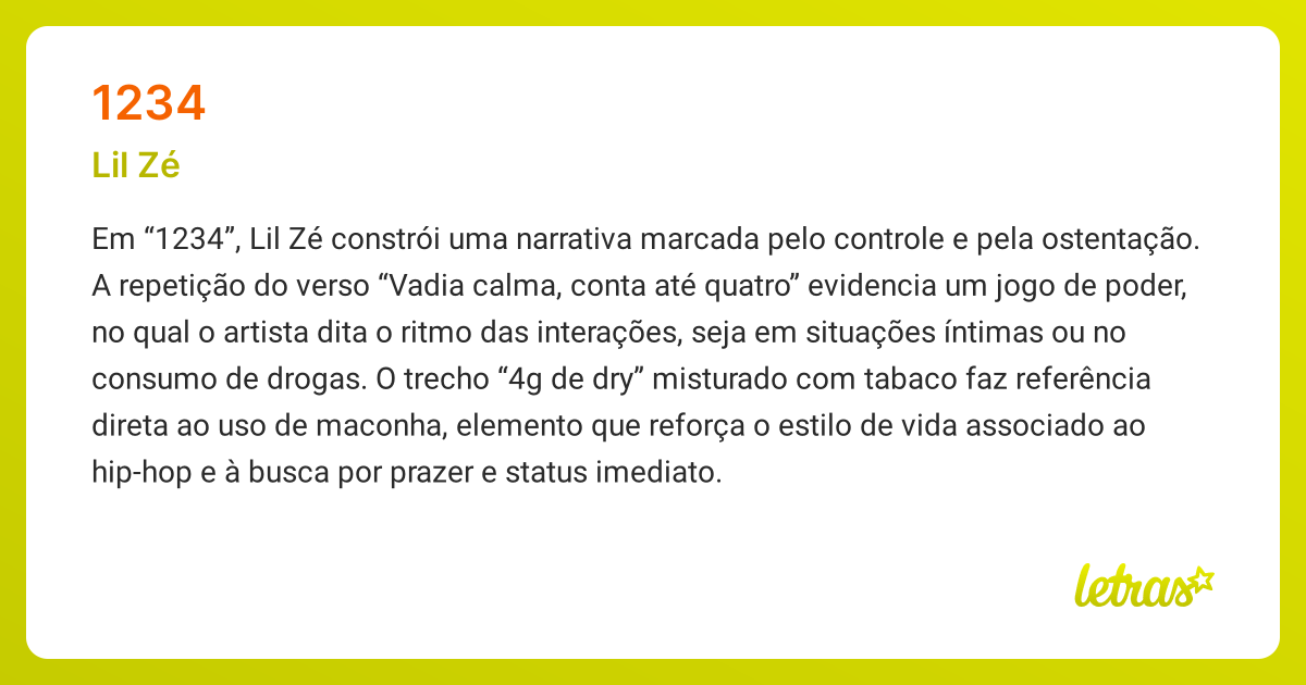 Significado da música 1234 (Lil Zé) - LETRAS.MUS.BR