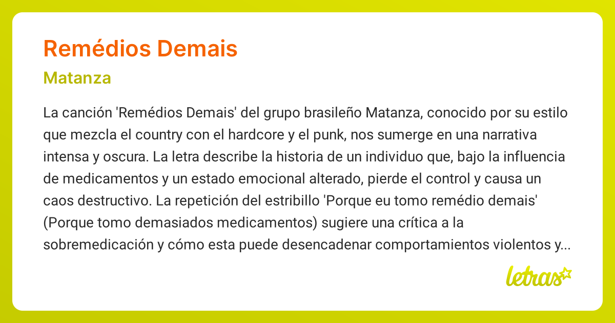 Significado de la canción REMÉDIOS DEMAIS (Matanza) - LETRAS.COM