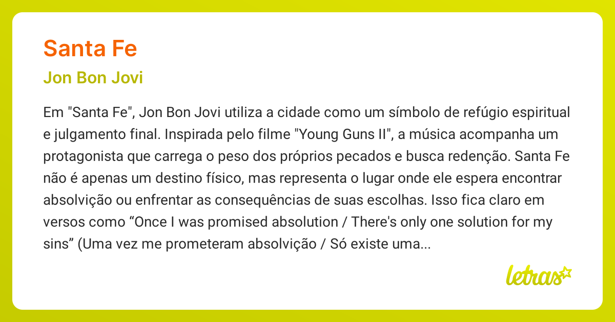 Significado da música SANTA FE (Jon Bon Jovi) LETRAS.MUS.BR