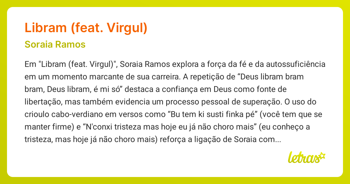 Significado da música LIBRAM (FEAT. VIRGUL) (Soraia Ramos) - LETRAS.MUS.BR