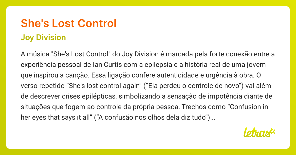 Significado da música SHE'S LOST CONTROL (Joy Division) - LETRAS.MUS.BR