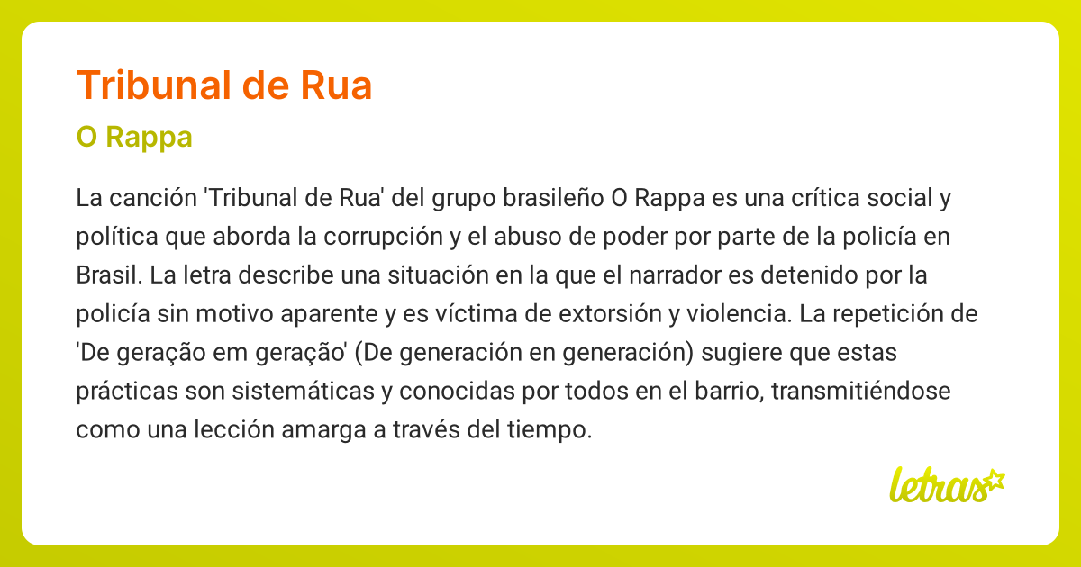 Significado de la canción TRIBUNAL DE RUA (O Rappa) - LETRAS.COM