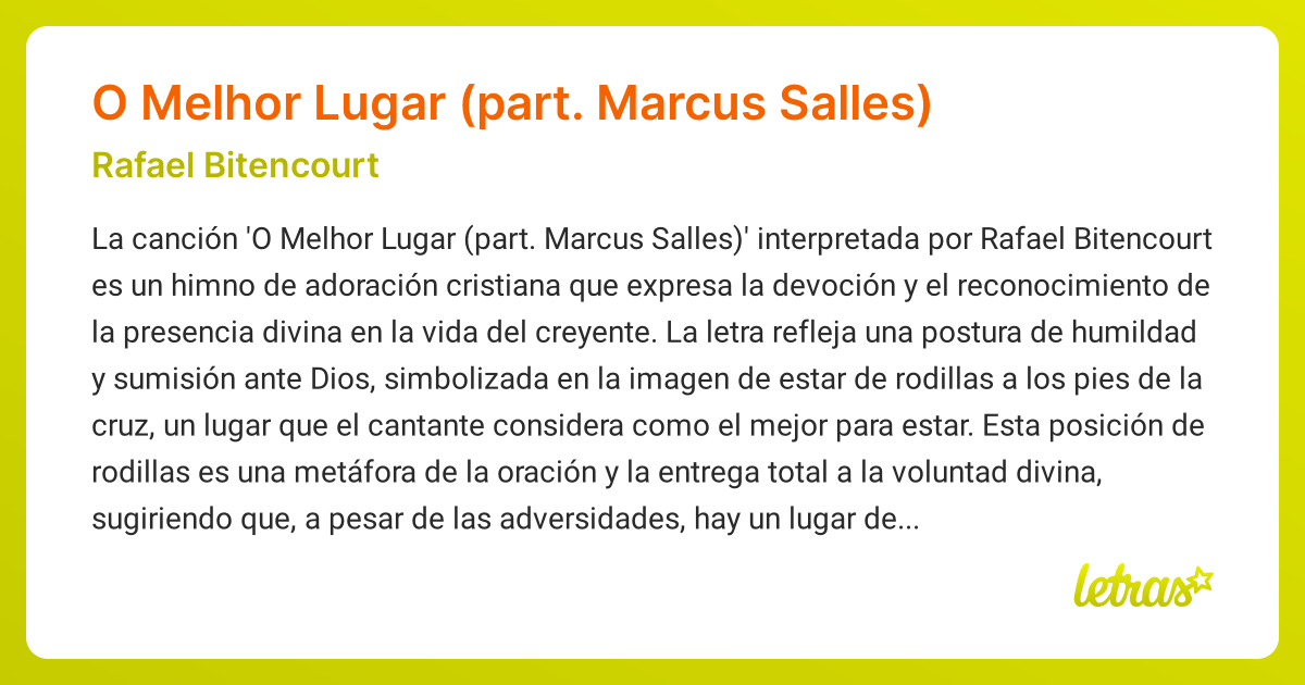 Significado de la canción O Melhor Lugar (part. Marcus Salles) (Rafael ...