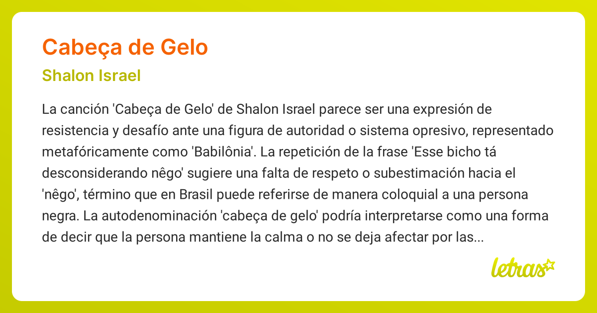 Significado de la canción CABEÇA DE GELO (Shalon Israel) - LETRAS.COM