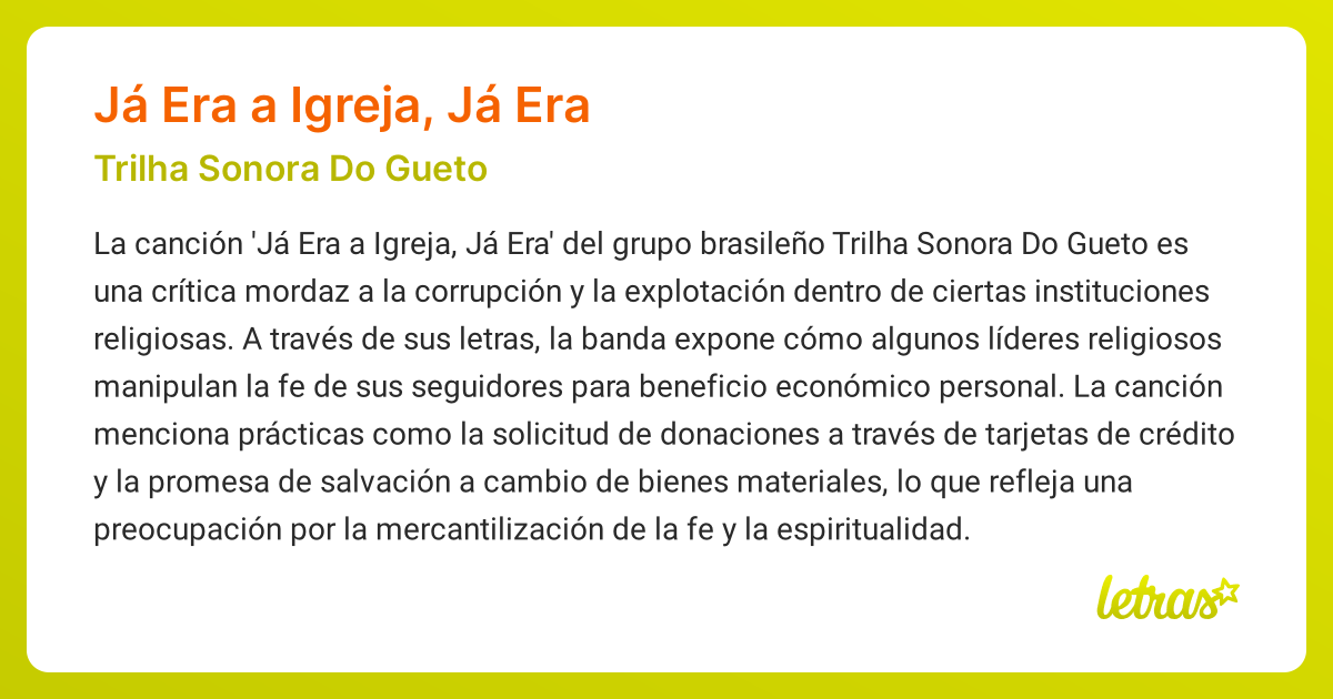 Significado de la canción JÁ ERA A IGREJA, JÁ ERA (Trilha Sonora Do ...