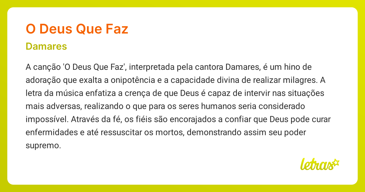Significado da música O DEUS QUE FAZ (Damares) - LETRAS.MUS.BR