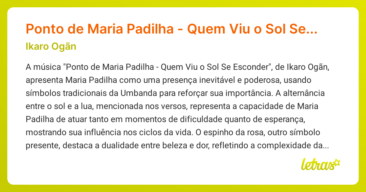 Significado da música Ponto de Maria Padilha - Quem Viu o Sol Se ...