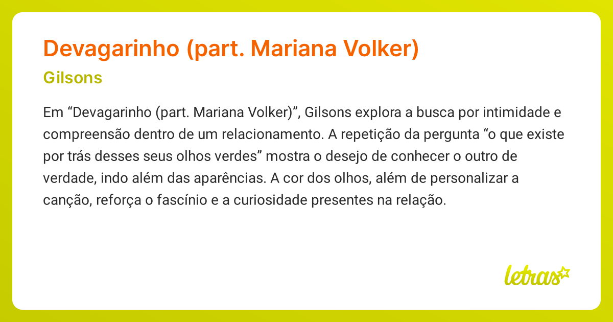 Significado da música Devagarinho (part. Mariana Volker) (Gilsons ...