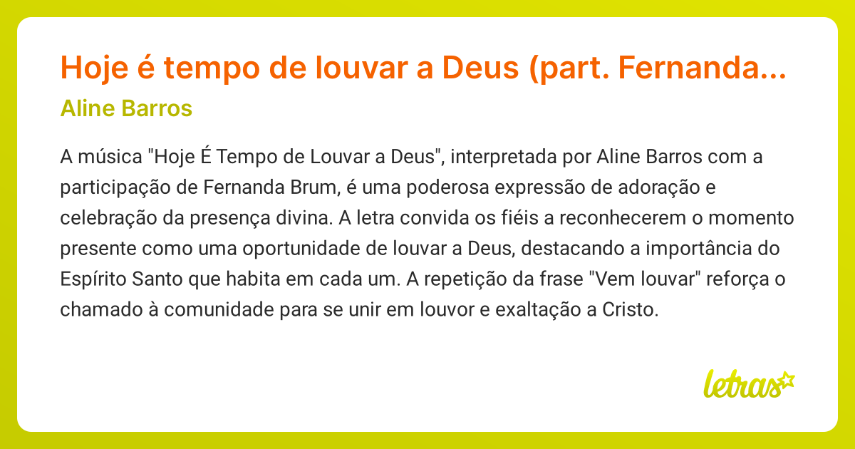 Significado da música Hoje é tempo de louvar a Deus (part. Fernanda ...