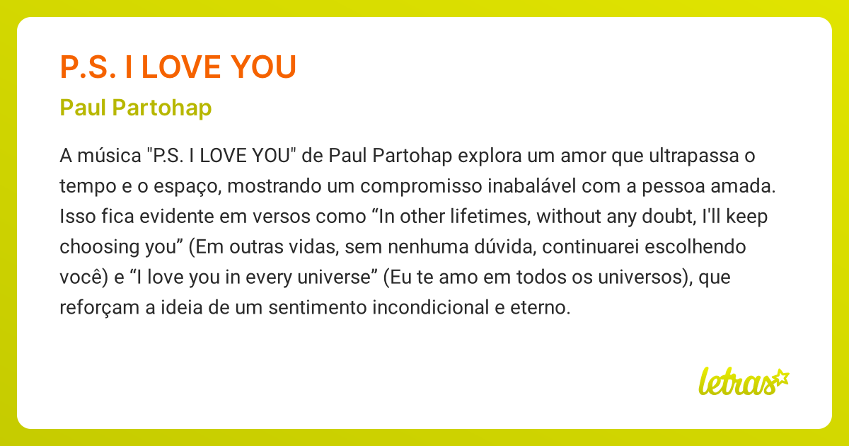 Significado da música P.S. I LOVE YOU (Paul Partohap) - LETRAS.MUS.BR