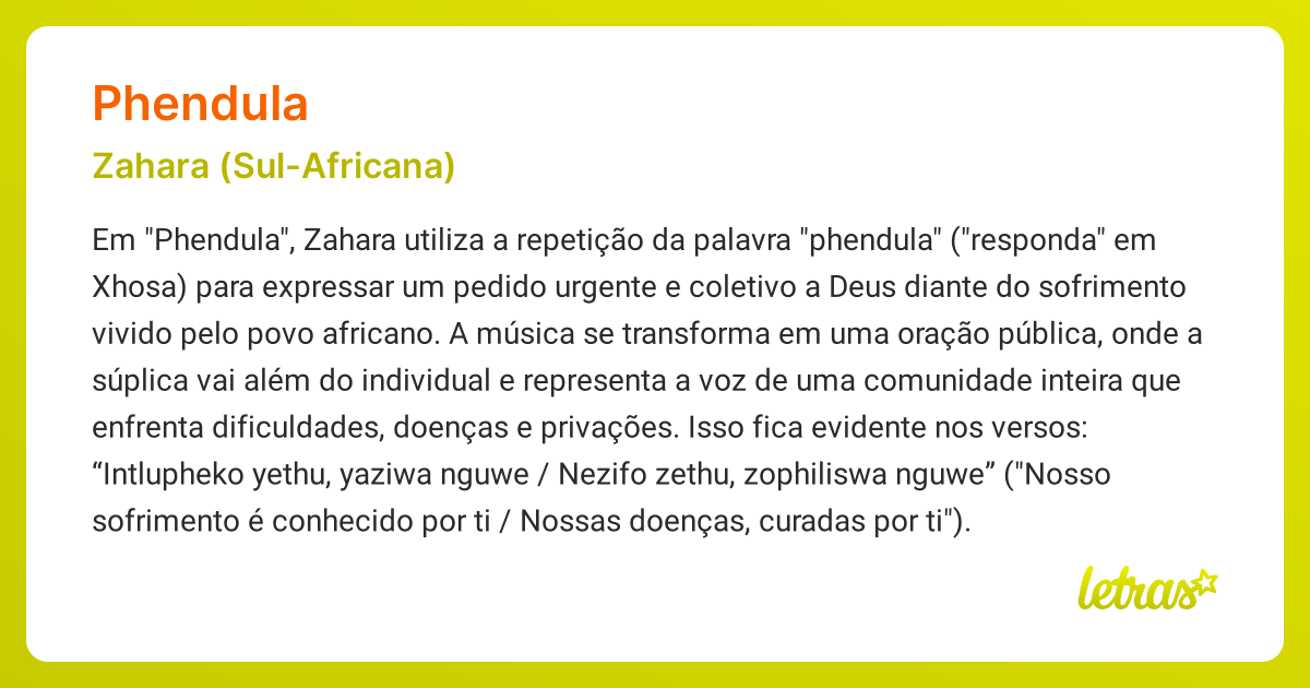 Significado da música PHENDULA (Zahara (Sul-Africana)) - LETRAS.MUS.BR