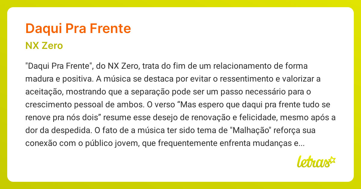 Significado da música DAQUI PRA FRENTE (NX Zero) - LETRAS.MUS.BR